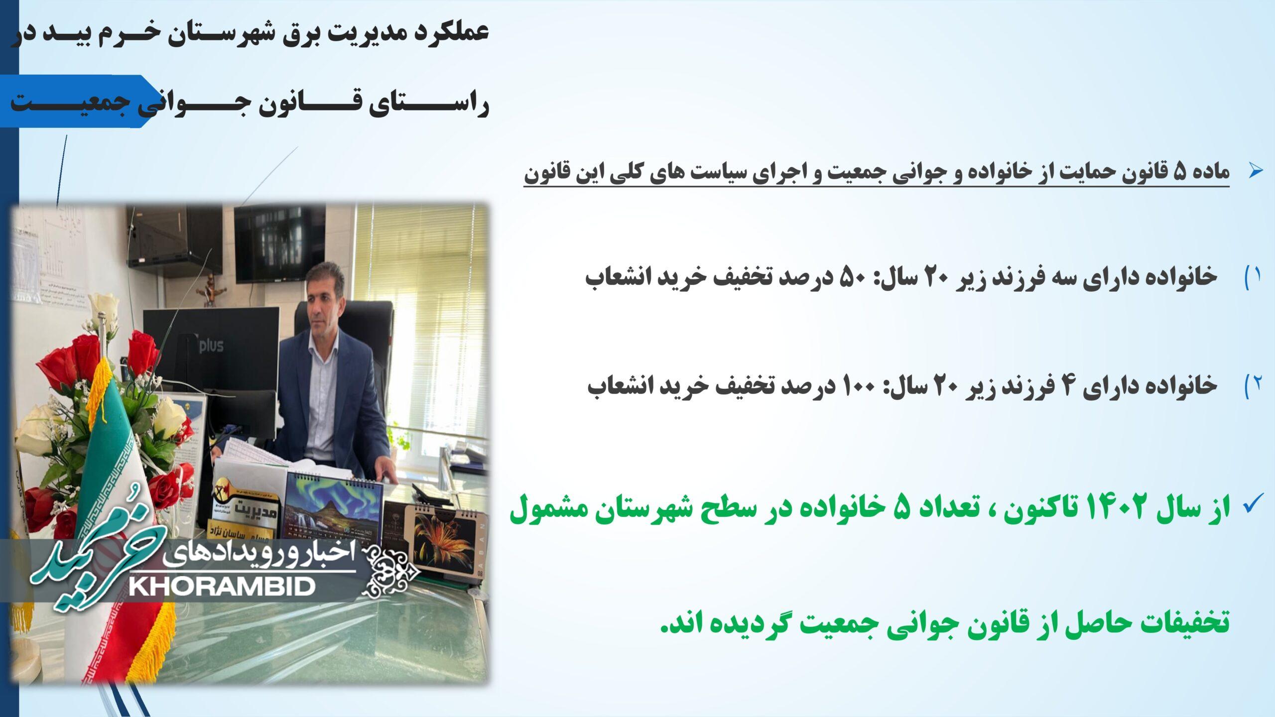 اقدامات اداره برق شهرستان خرم بید در خصوص حمایت از خانواده و جوانی جمعیت
