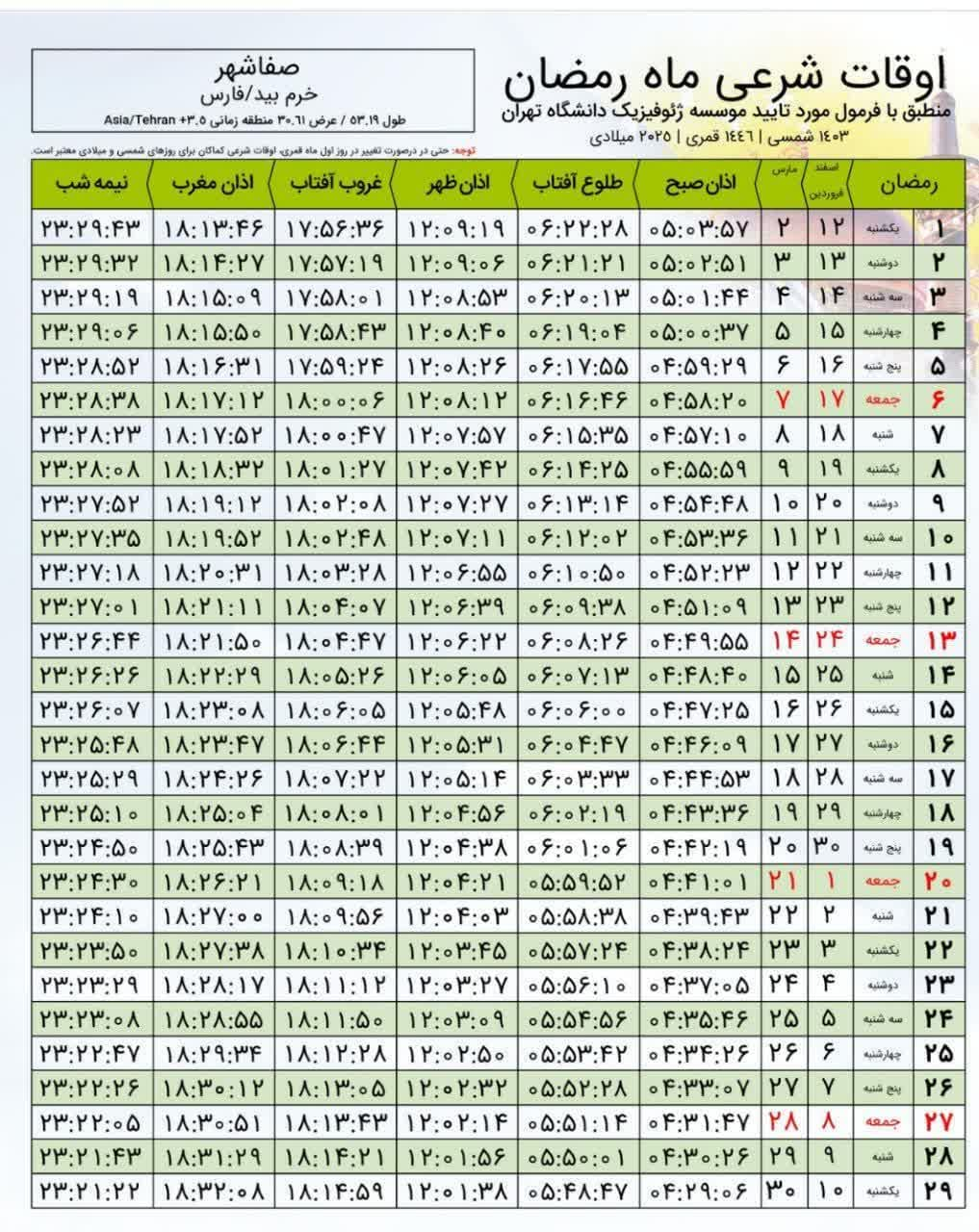 اوقات شرعی ماه مبارک رمضان به افق صفاشهر