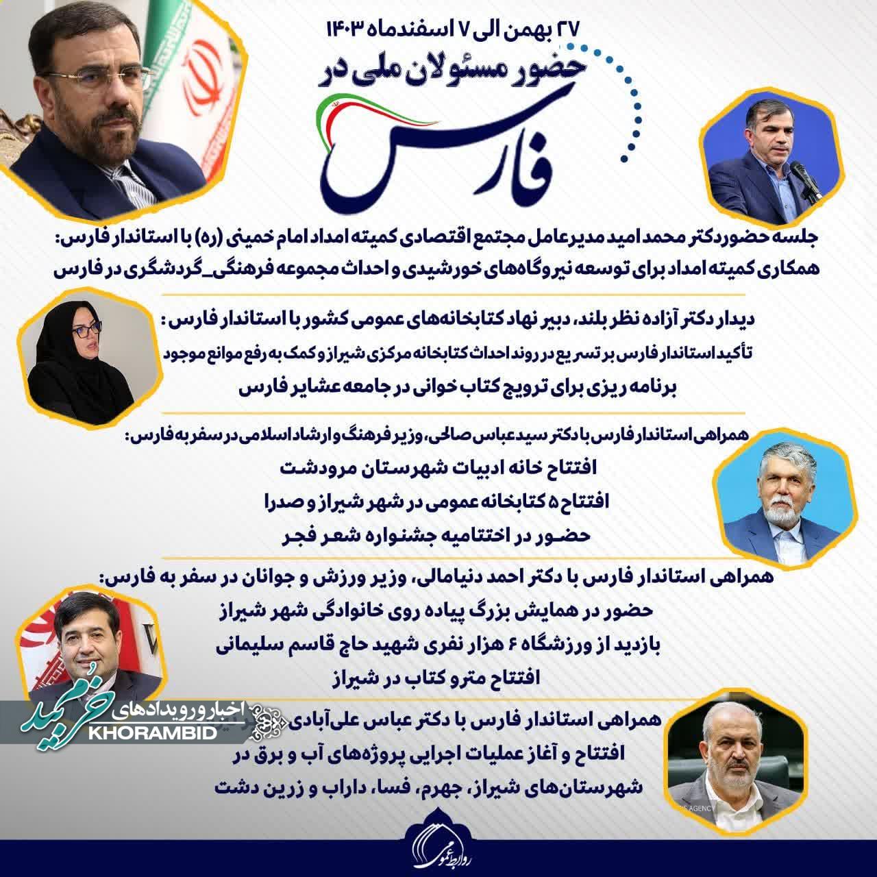 حضور مسئولان ملی در استان فارس از ۲۷ بهمن ماه الی ۷ اسفندماه ۱۴۰۳