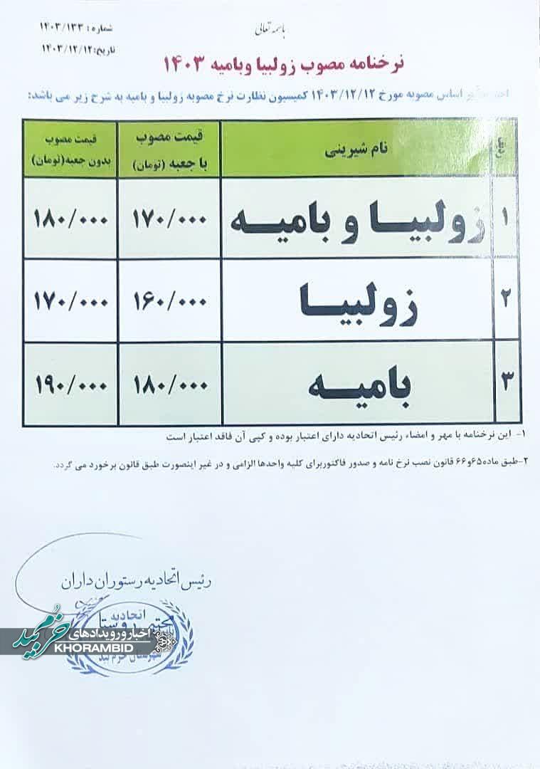 اعلام قیمت مصوب زولبیا و بامیه در شهرستان خرم‌بید