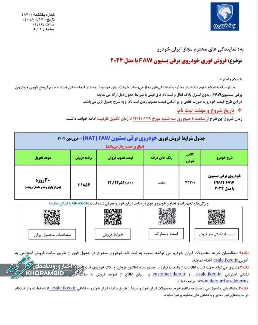 اولین شرایط فروش خودرو برقی ایران خودرو در سال 1404