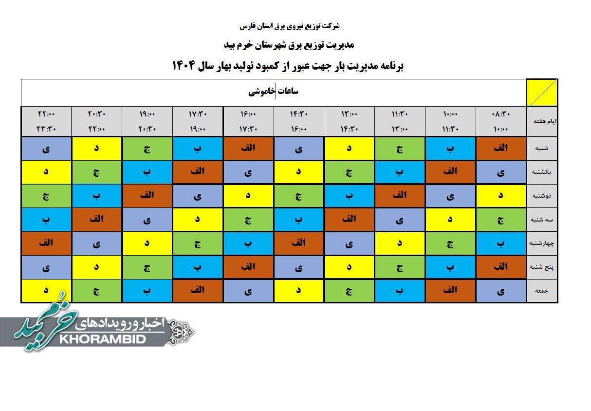 برنامه زمانبندی خاموشی برق احتمالی شهرستان خرم‌بید