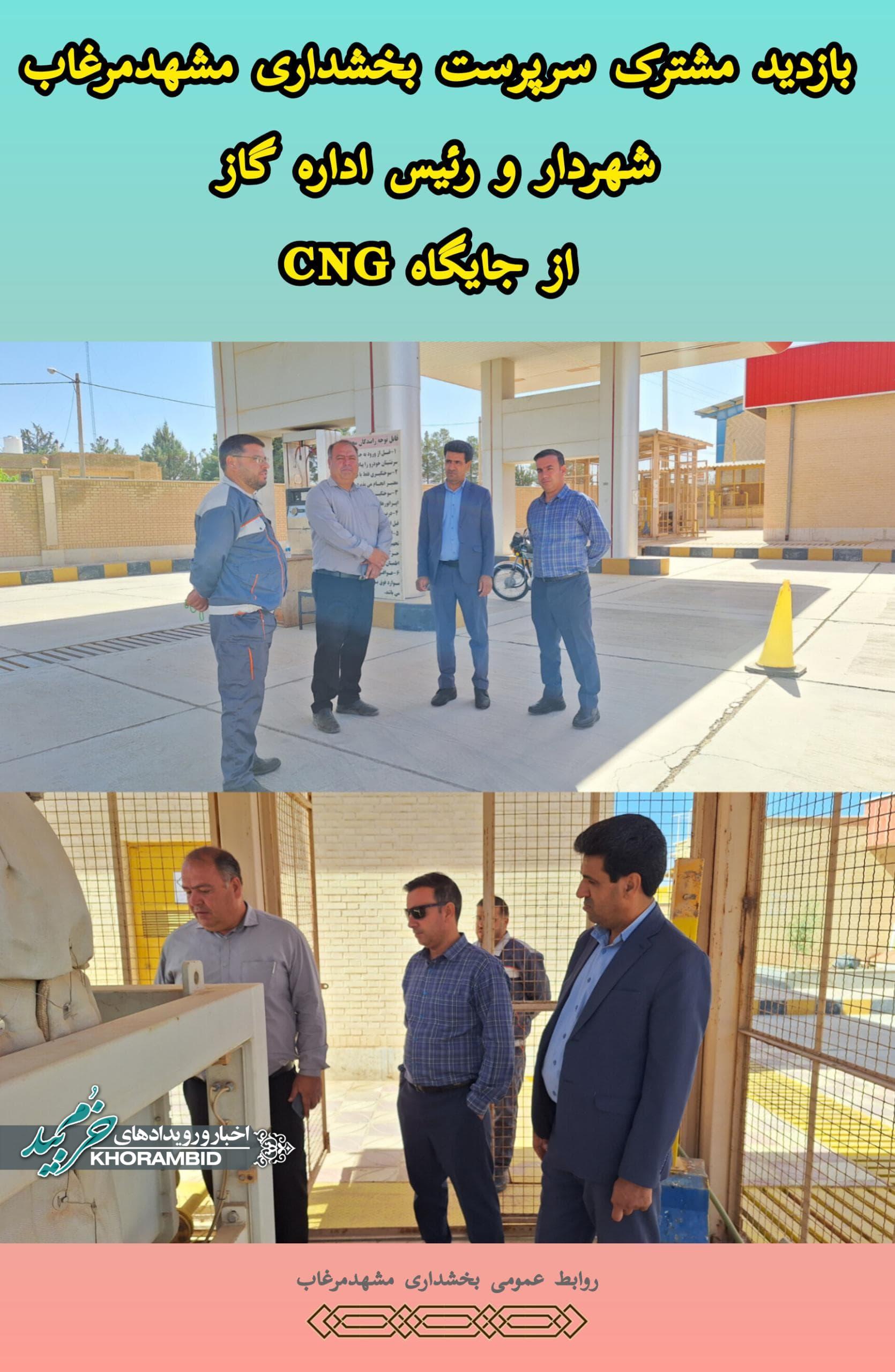 سرپرست بخشداری مشهدمرغاب به همراه شهردار و رئیس اداره گاز از جایگاه CNG شهر قادرآباد بازدید نمودند.