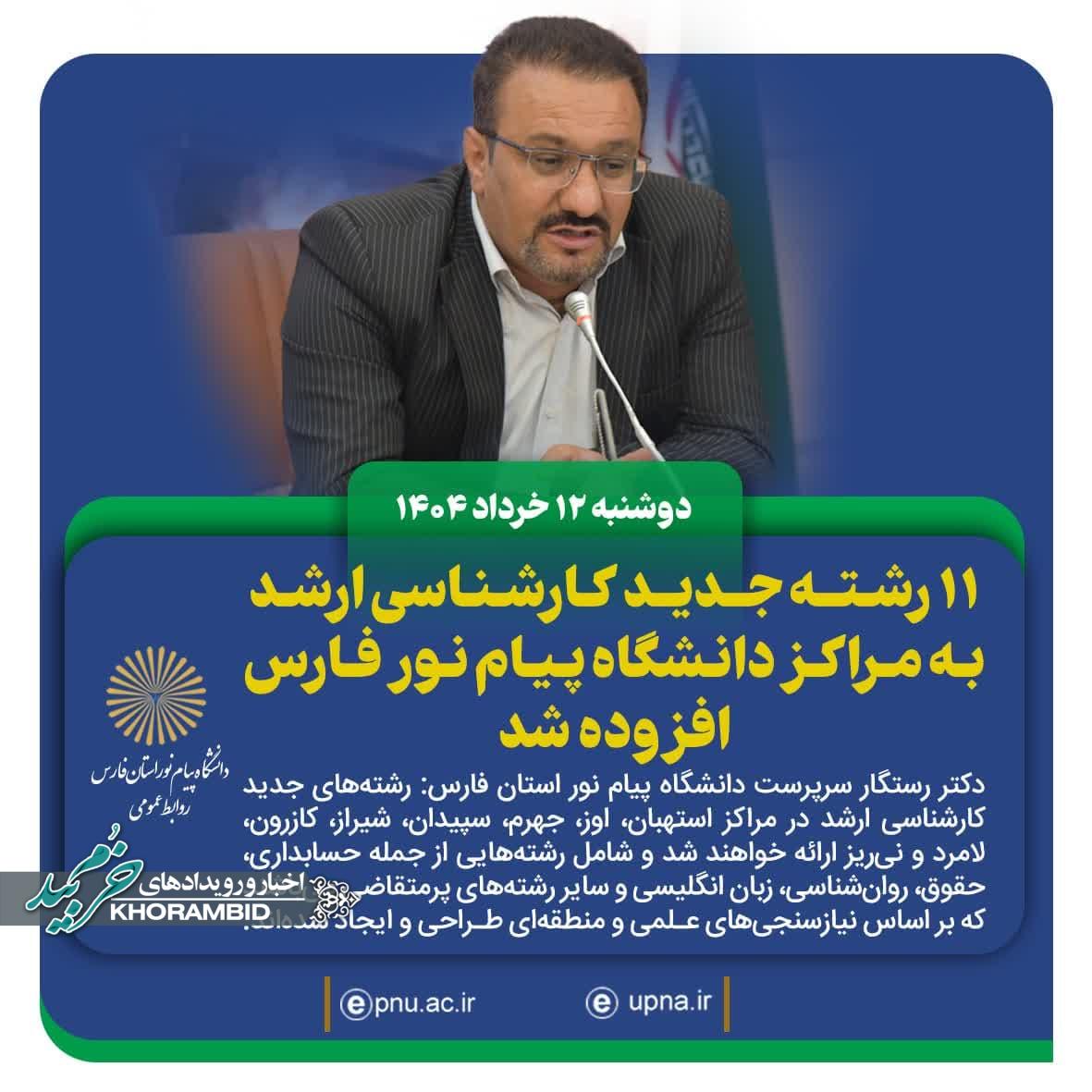 یازده رشته جدید کارشناسی ارشد به مراکز دانشگاه پیام نور فارس افزوده شد