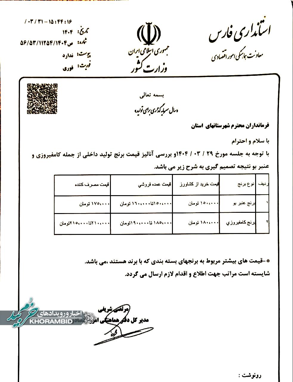 بخشنامه استانداری فارس در خصوص قیمت برنج ایرانی