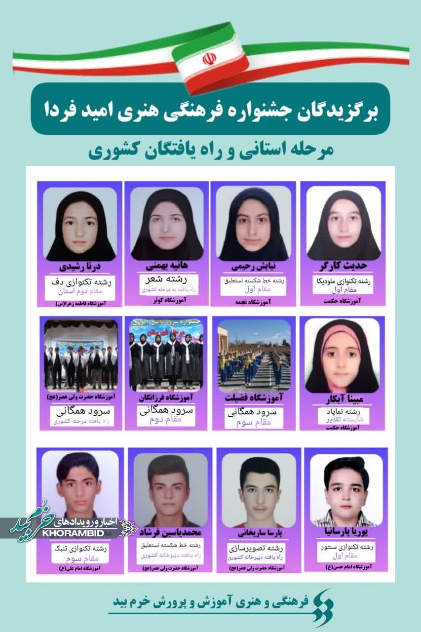 درخشش دانش‌آموزان خرم‌بیدی در جشنواره فرهنگی هنری امید فردا و پرسش مهر ریاست جمهوری مرحله استانی
