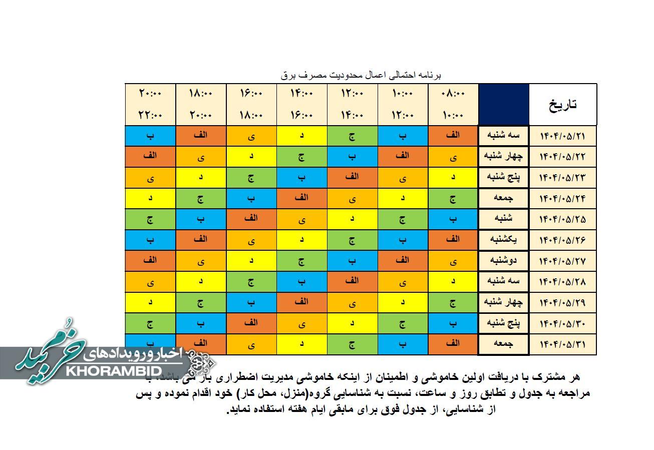 جدول خاموشی جدید و برنامه احتمالی اعمال محدودیت مصرف برق شهرستان خرم بید از تاریخ 21 مرداد الی 31 مرداد ماه 1404