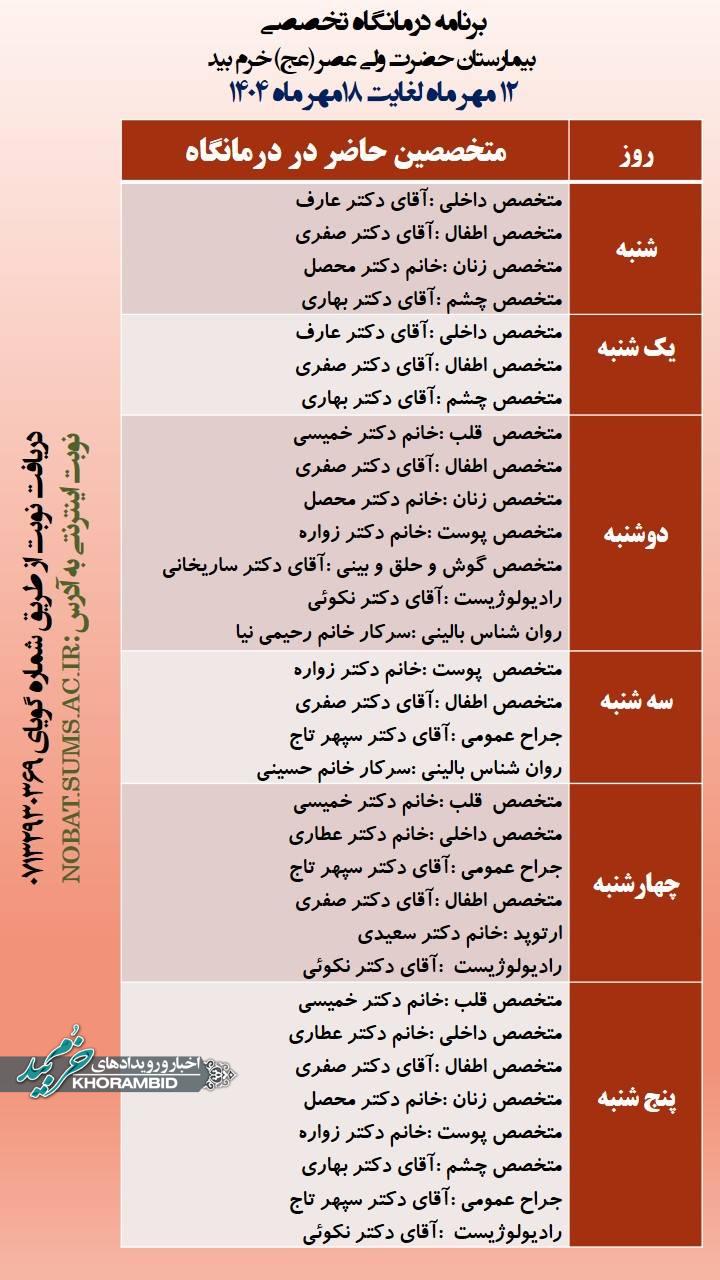 برنامه درمانگاه تخصصی بیمارستان حضرت ولی عصر (عج) خرم بید 12 مهر ماه لغایت 18مهر ماه 1404 برنامه درمانگاه تخصصی بیمارستان حضرت ولی عصر (عج) خرم بید ۱۲ مهر ماه لغایت ۱۸مهر ماه ۱۴۰۴