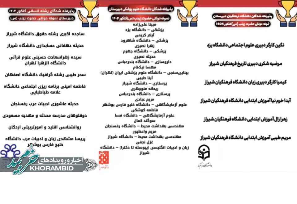 لیست قبولی دانشآموزان مدرسه نمونه دولتی حضرت زینب(س) در دانشگاه های دولتی در کنکور 1404 لیست قبولی دانشآموزان مدرسه نمونه دولتی حضرت زینب(س) در دانشگاه های دولتی در کنکور ۱۴۰۴