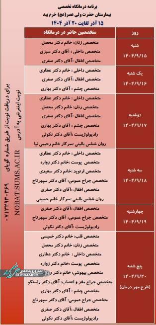 برنامه درمانگاه تخصصی بیمارستان ولیعصر عج خرم بید – ۱۵ آذر ماه لغایت ۲۰ آذر ماه ۱۴۰۴