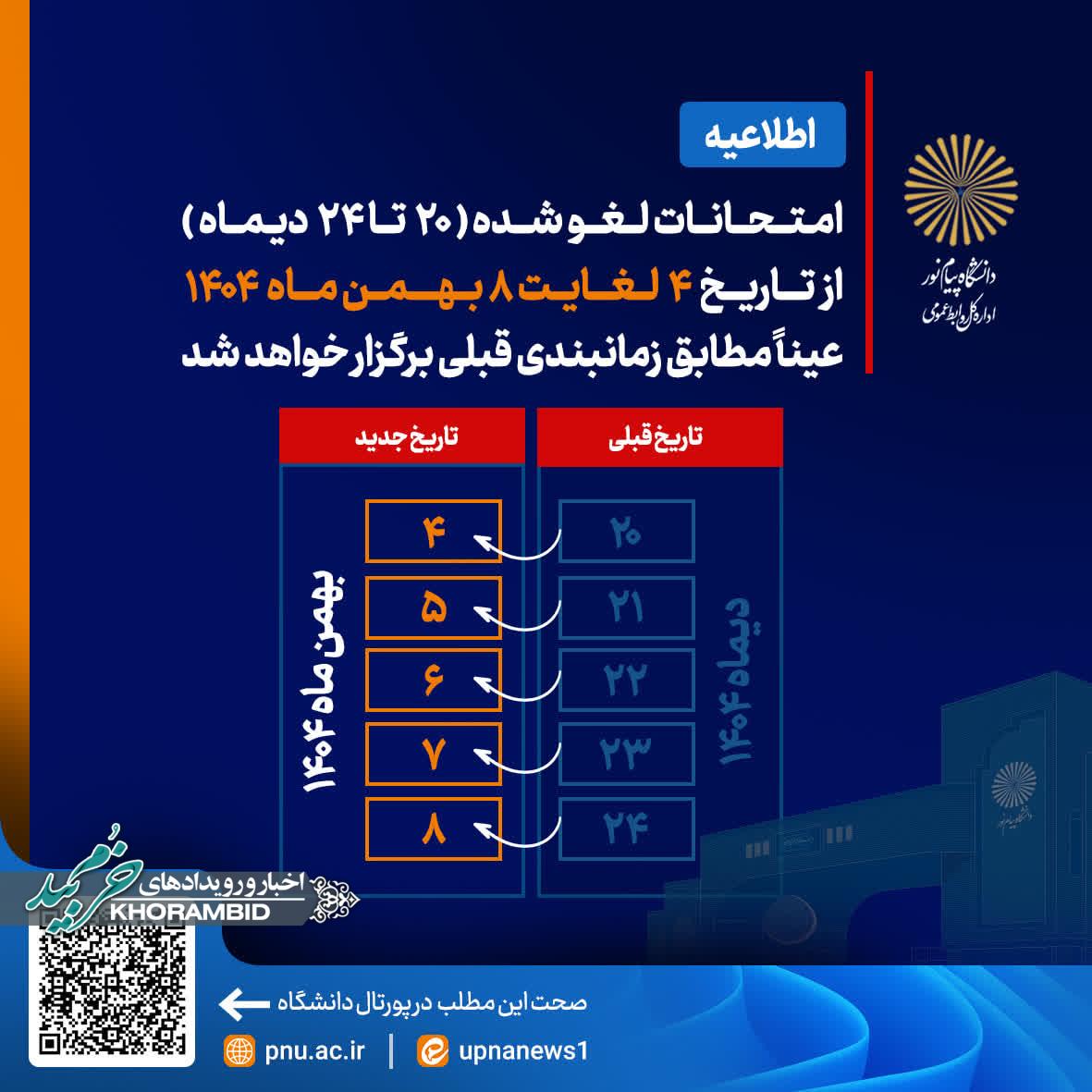 تاریخ های جایگزین امتحانات لغو شده دانشگاه پیام‌نور