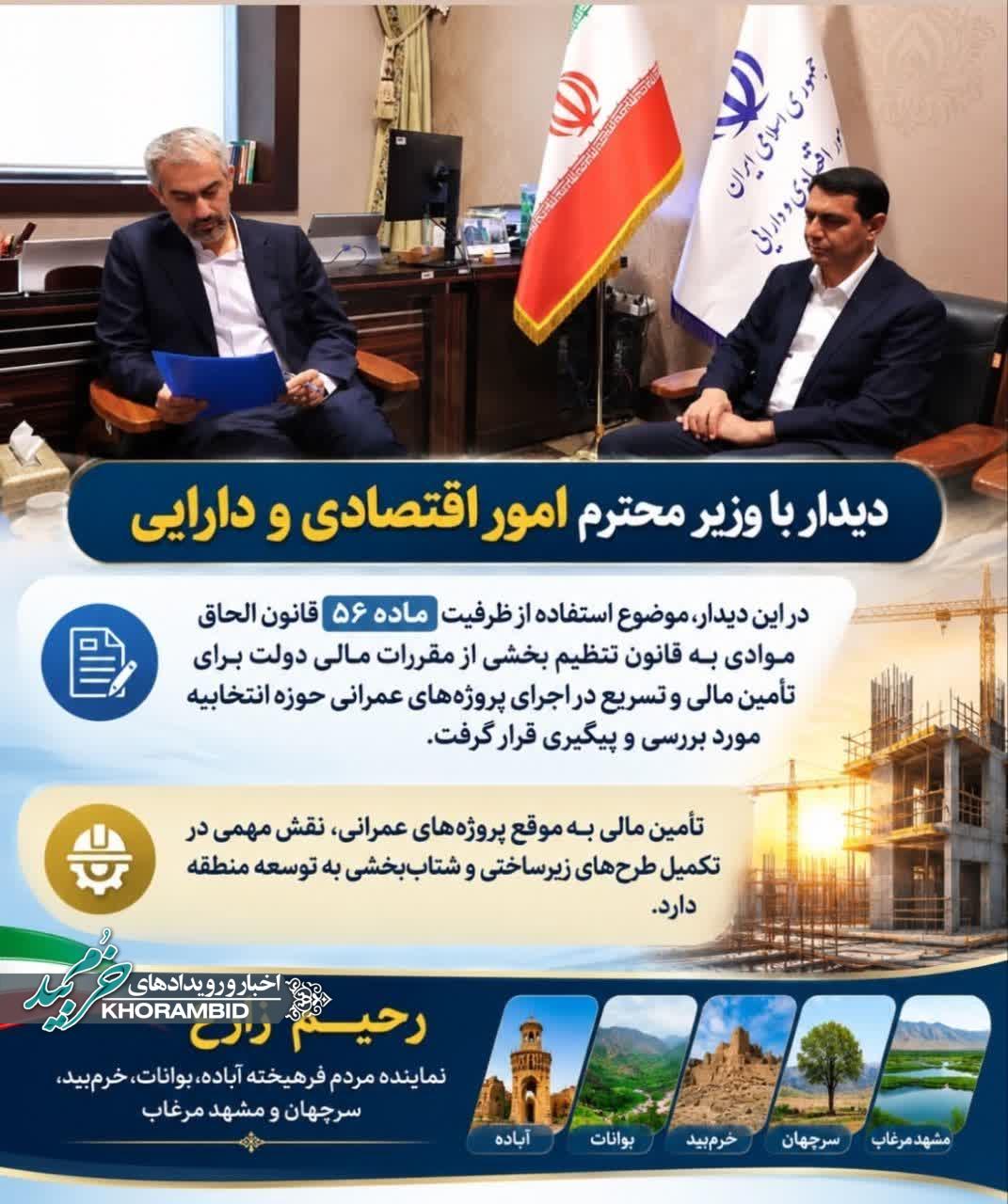 دیدار رحیم زارع با وزیر امور اقتصادی و دارایی؛ پیگیری تأمین مالی پروژه‌های عمرانی حوزه انتخابیه