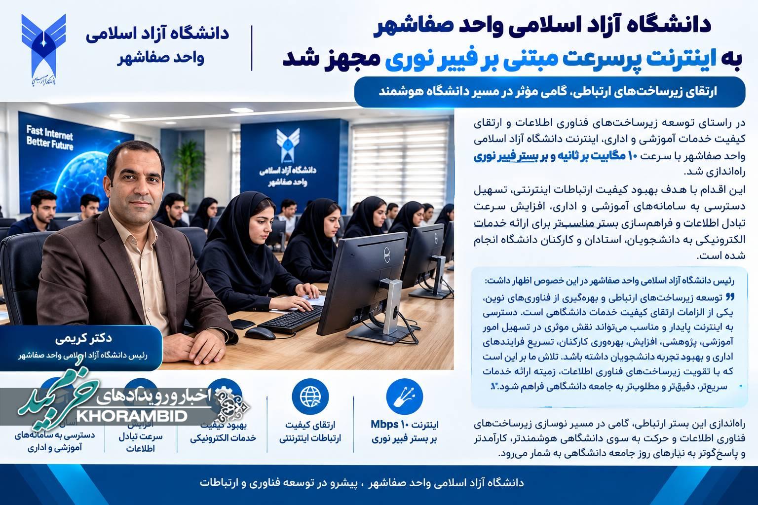 دانشگاه آزاد اسلامی واحد صفاشهر به اینترنت پرسرعت مبتنی بر فیبر نوری مجهز شد / گامی مؤثر در مسیر دانشگاه هوشمند